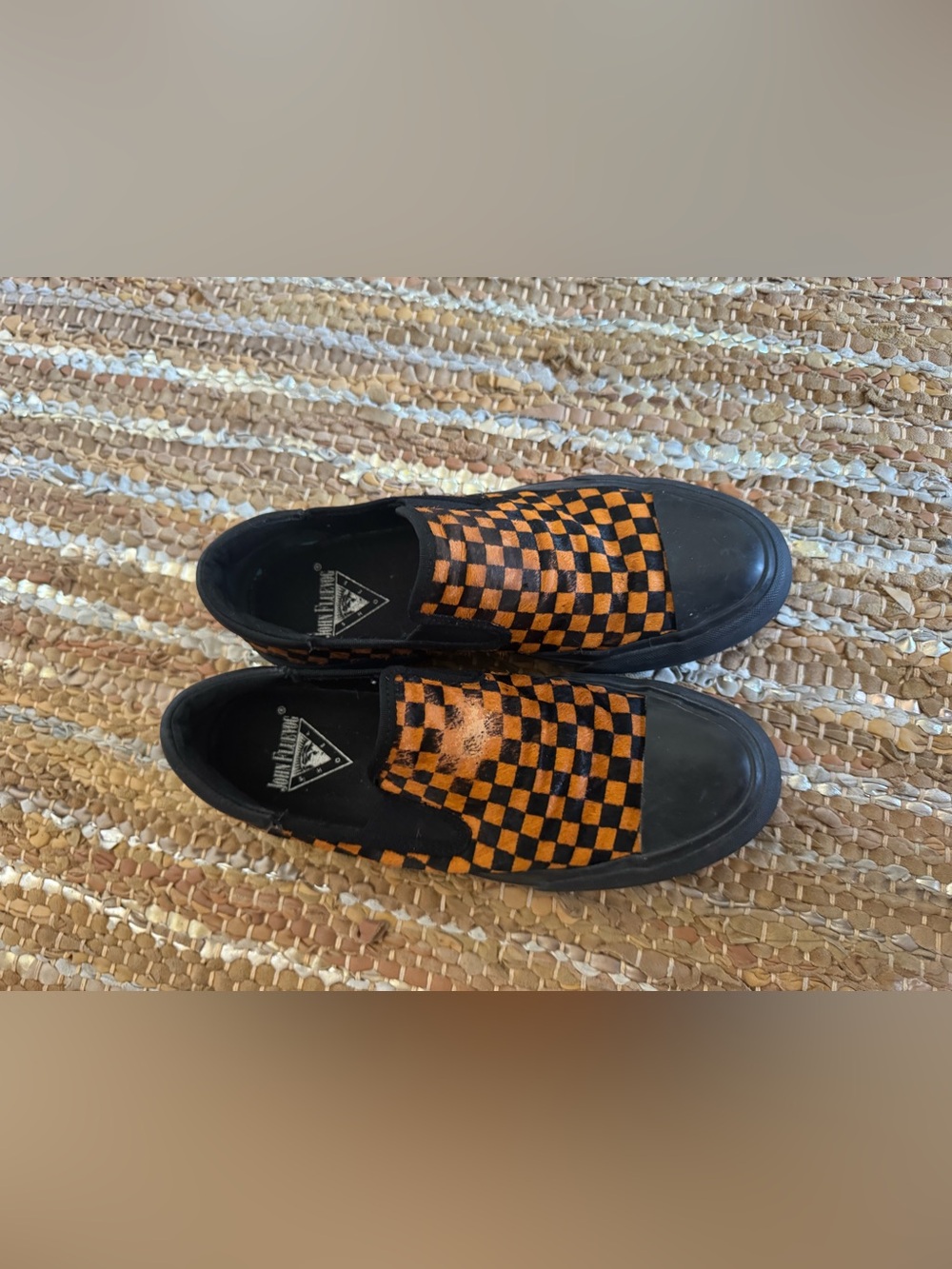 John Fluevog unisex Slip-On Checkerboard Canvas Shoes in Orange and Black